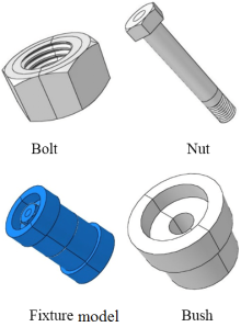 bolts, nuts, fixture model and bush