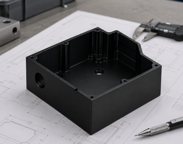 Black anodized CNC-machined sensor housing